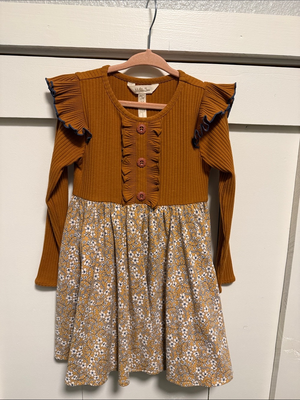 Matilda Jane Mustard Ribbed Bodice Floral Skirt Long-Sleeve Dress